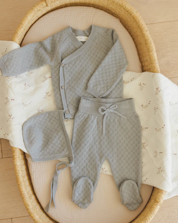 set knit wrap top and footie pants with bonnet - blue