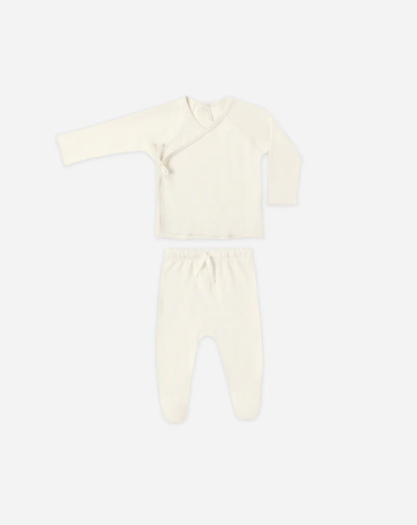 set knit jersey wrap top and footie pants with beanie - ivory