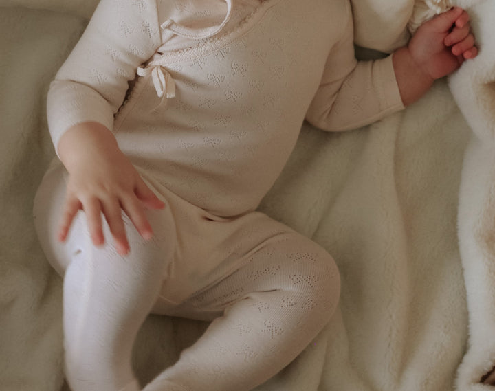 set footie pointelle bow scalloped wrap with bonnet and blanket - light pink