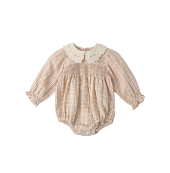 one piece summer plaid smocked romper - plaid