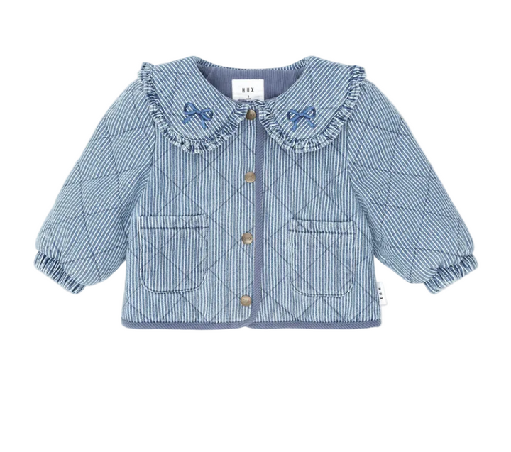 jacket striped padded snap with bow collar - blue stripe