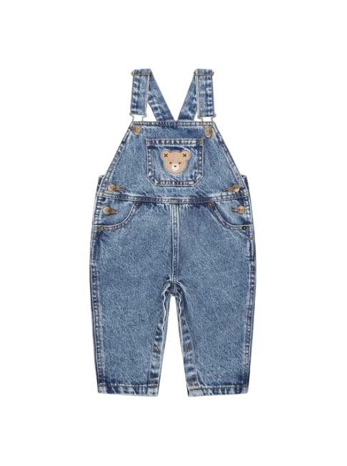 one piece denim long overalls with hux bear pocket - denim blue