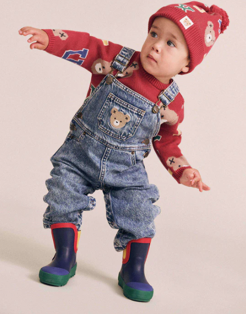 one piece denim long overalls with hux bear pocket - denim blue