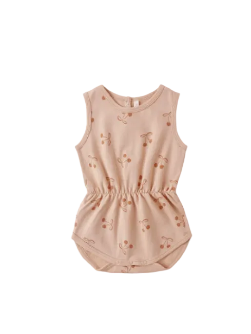 one piece cherry bow print cinched romper - melon