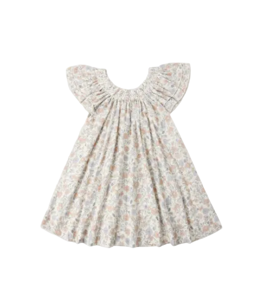 dress bloom print with flutter sleeves - ivory