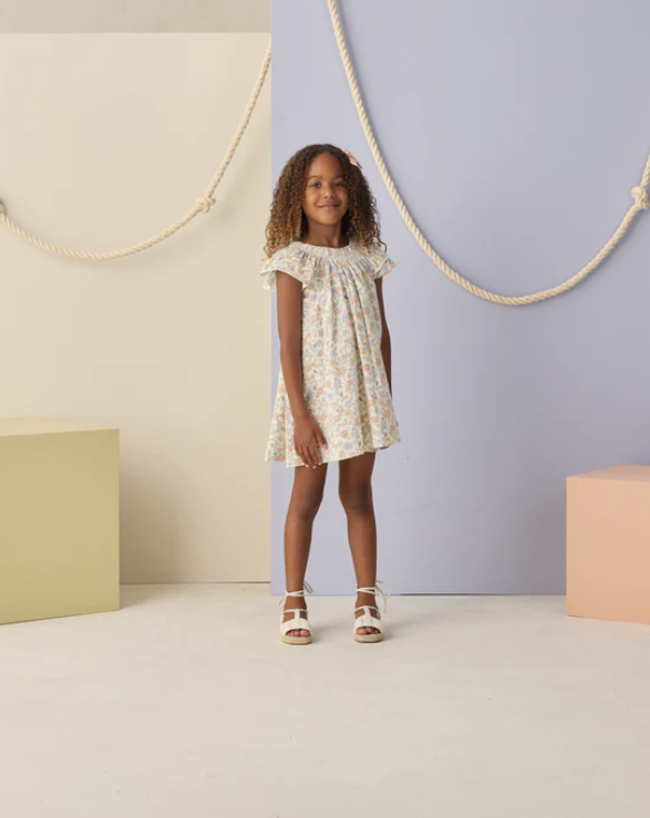 dress bloom print with flutter sleeves - ivory