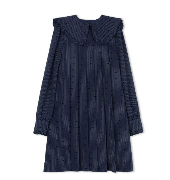 dress pinstriped bow print with large frill collar - blue