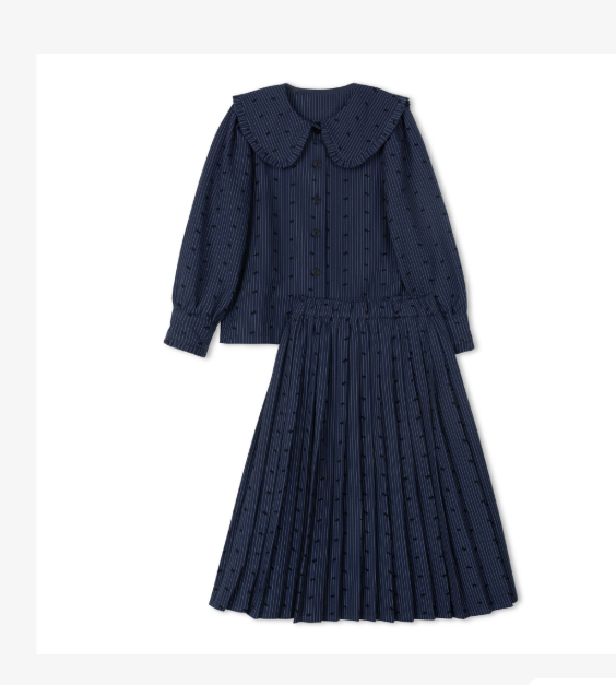 set outfit pinstriped bow print shirt and pleated skirt - blue