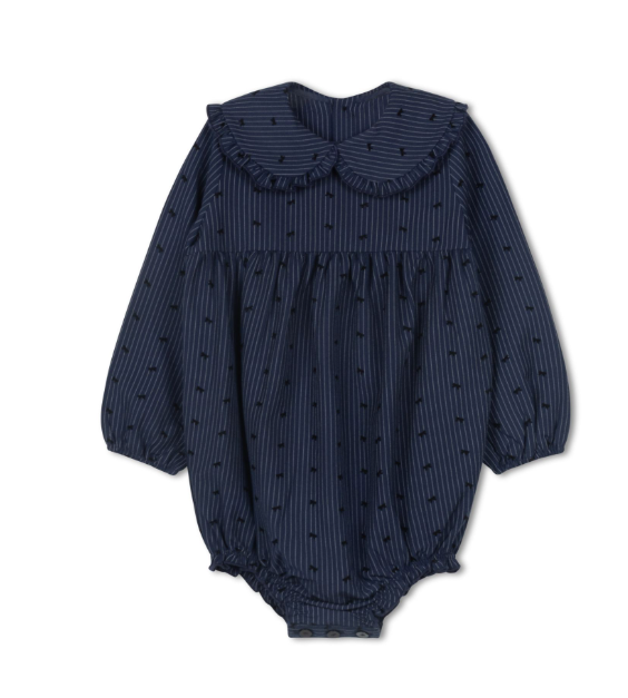 one piece pinstriped bow print collared romper - blue