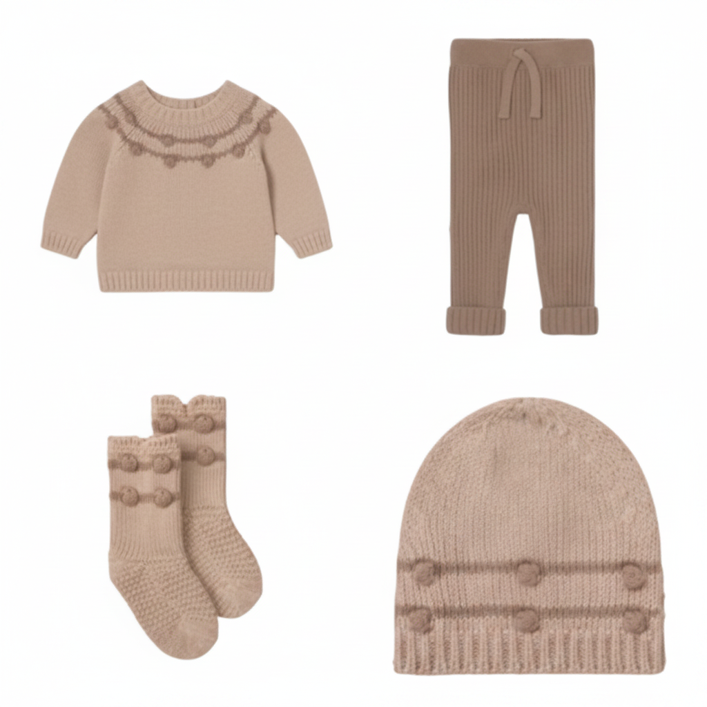 set knit pompome knit sweater and leggings with hat and booties - candy/bloom