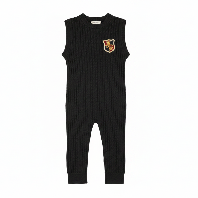 one piece mini cable knit emblem long romper - black