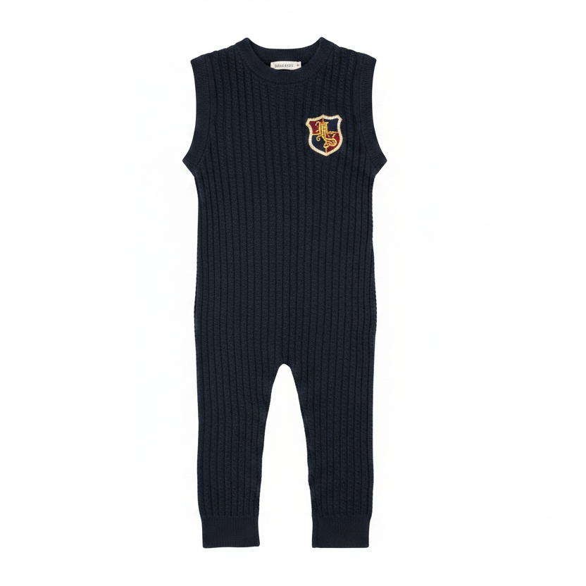one piece mini cable knit emblem long romper - navy