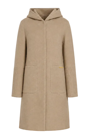 coat wool knee length knit detail pockets with hood - oatmeal