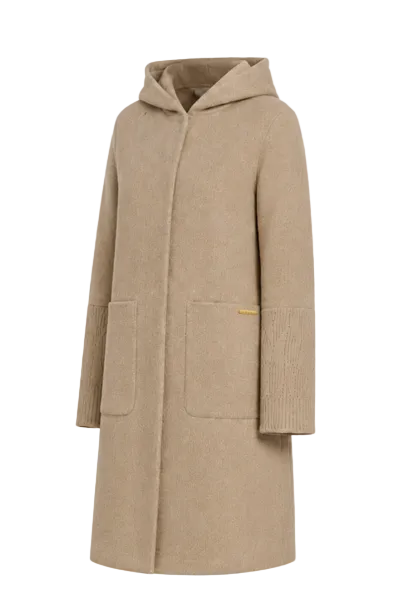 coat wool knee length knit detail pockets with hood - oatmeal