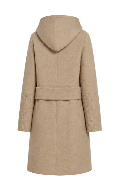 coat wool knee length knit detail pockets with hood - oatmeal
