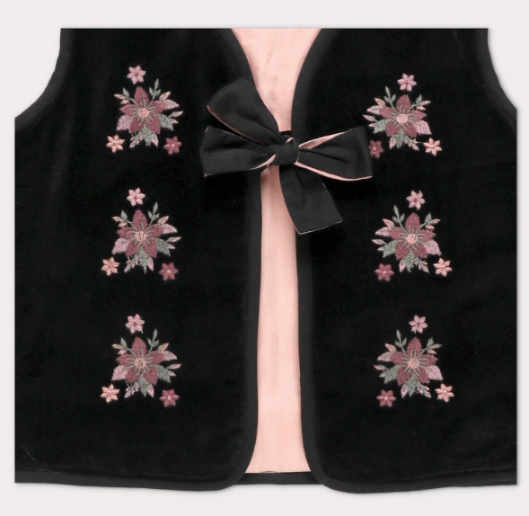 vest velour embroidered tie - black