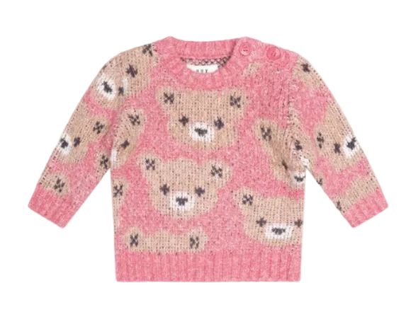 top l/s chunky knit bear sweater - dusty berry
