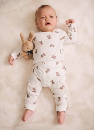 set knit ribbed bear onesie and leggings - almond milk