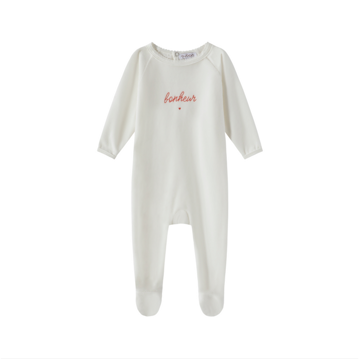 footie velour bon heur print with hat - white