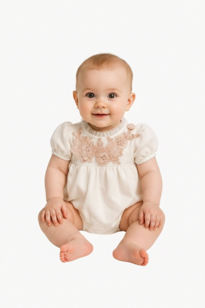 one piece tulle romper with pink embellishments - white