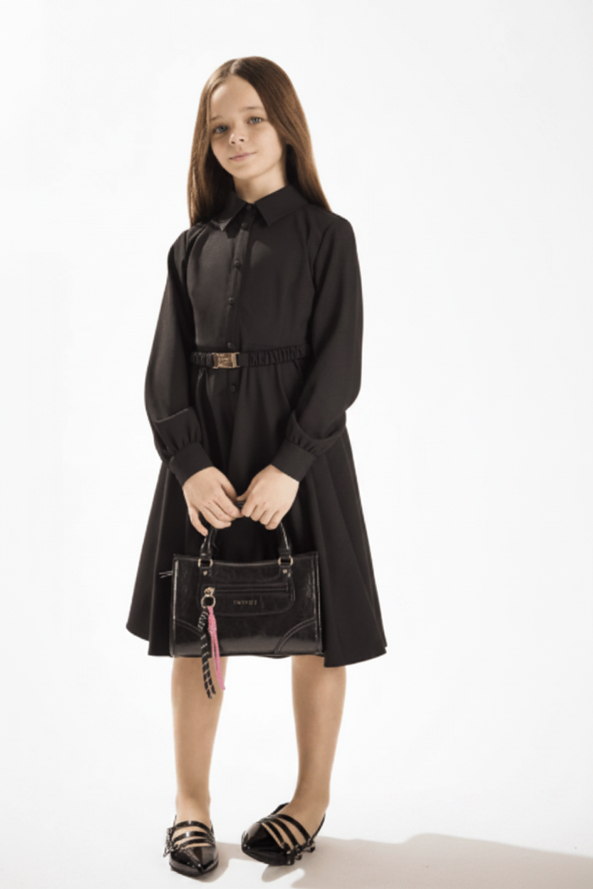 dress button down circle with waist belt - black