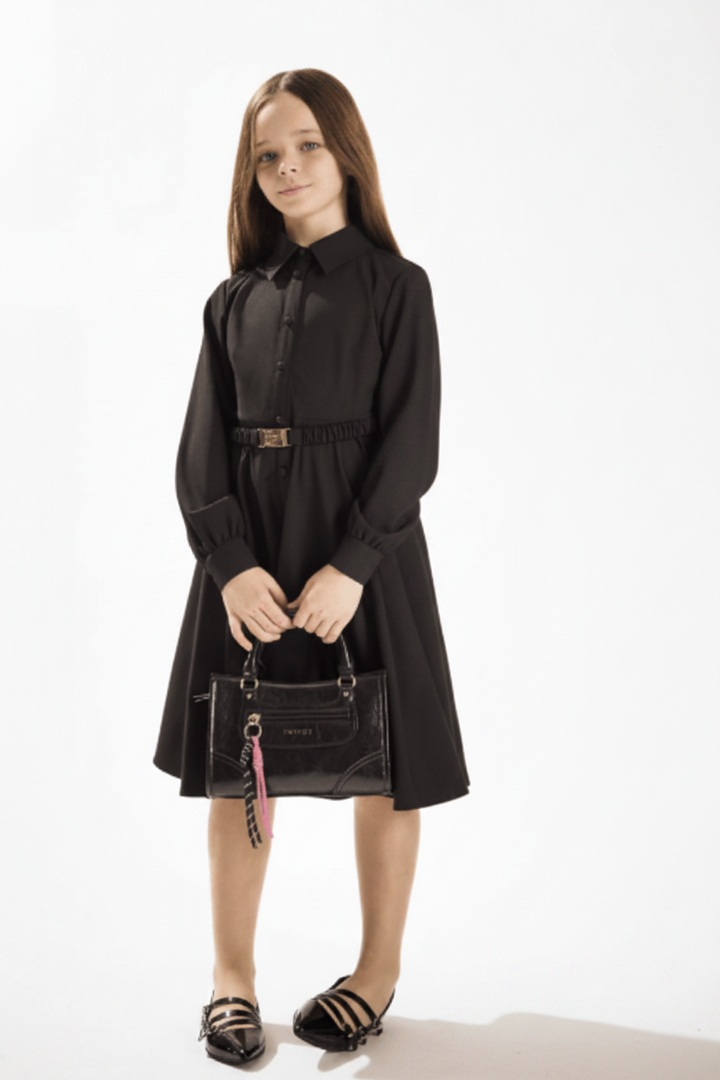 dress button down circle with waist belt - black