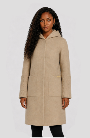 coat wool knee length knit detail pockets with hood - oatmeal
