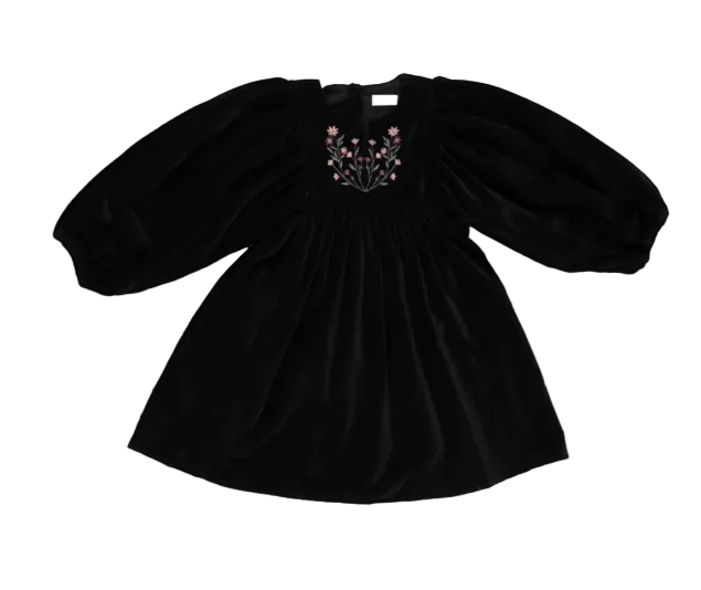 dress velour embroidered puff sleeve - black