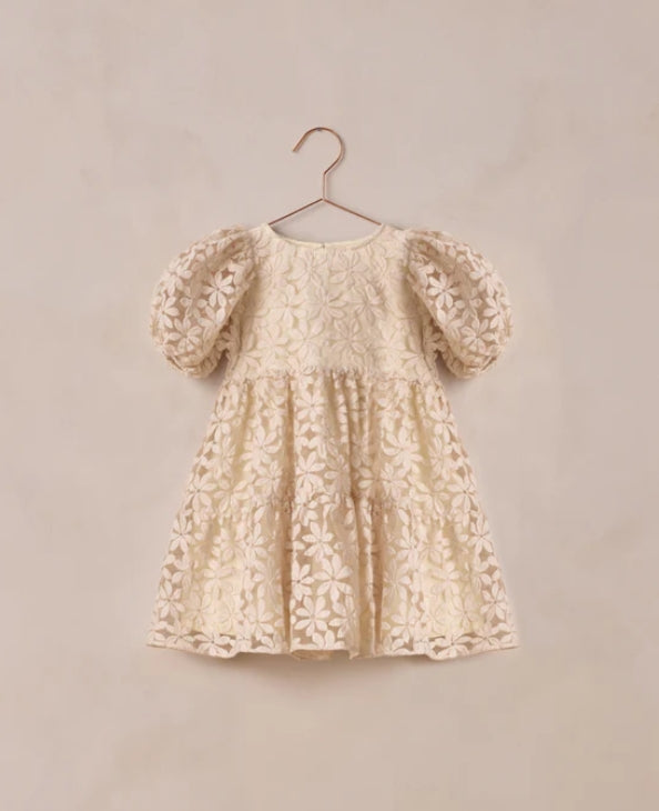 dress embroidered daisy tulle tiered with puff sleeves - natural
