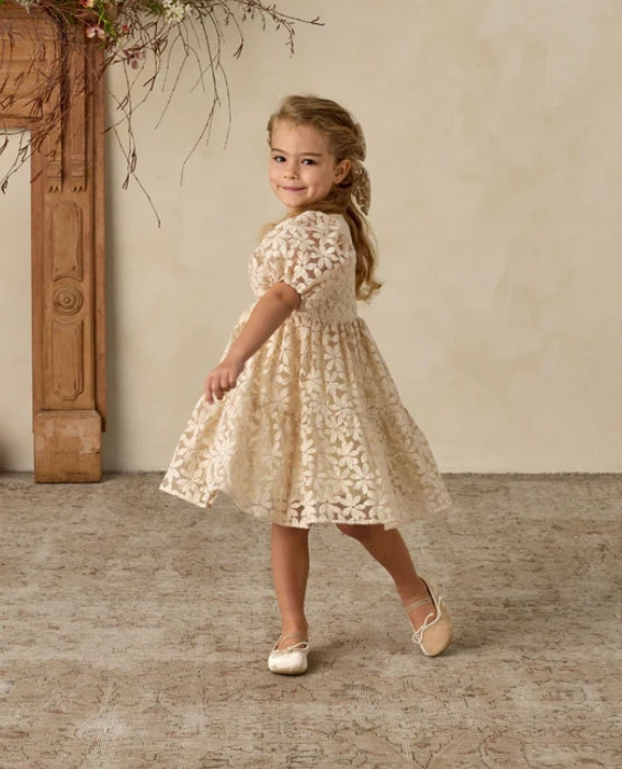 dress embroidered daisy tulle tiered with puff sleeves - natural