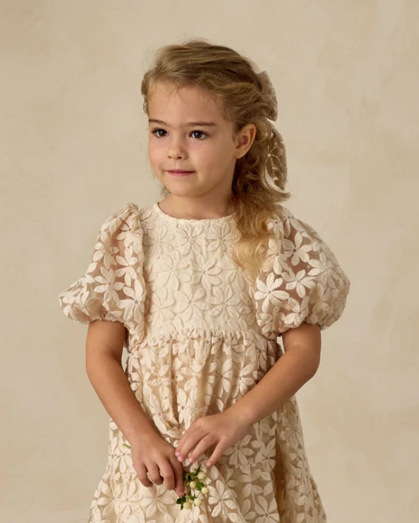 dress embroidered daisy tulle tiered with puff sleeves - natural