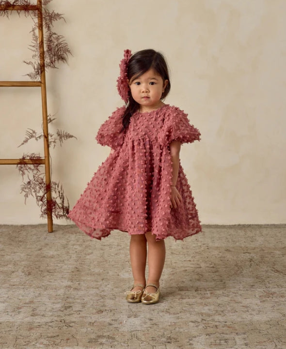 dress dotted tulle puff sleeve - raspberry