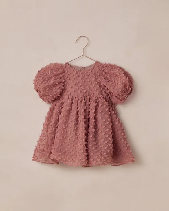 dress dotted tulle puff sleeve - raspberry