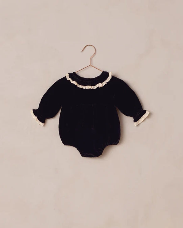 one piece velour lace trim romper - black