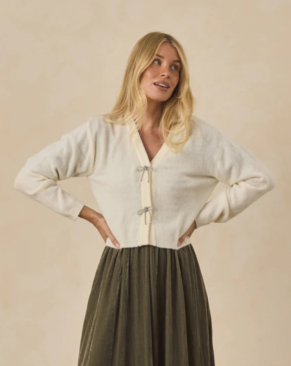 top l/s knit bow v cardigan - ivory