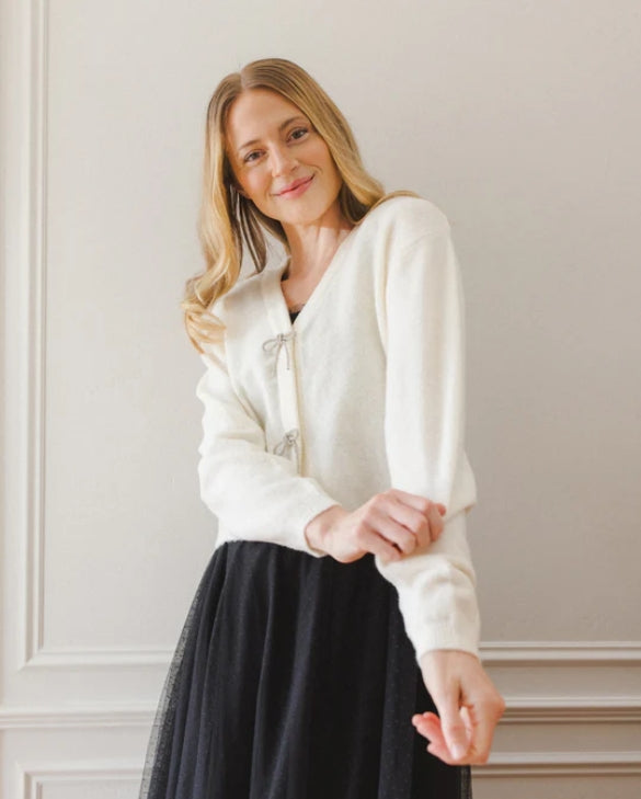 top l/s knit bow v cardigan - ivory