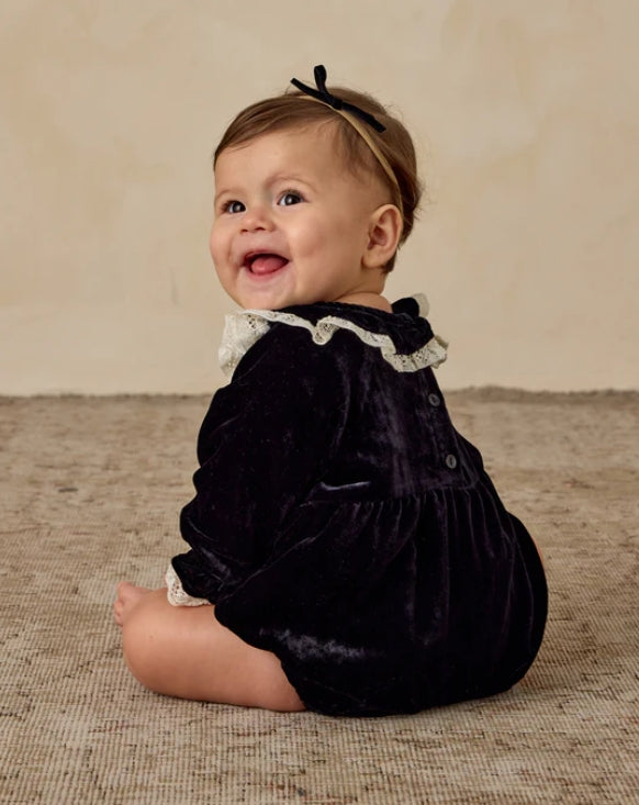 one piece velour lace trim romper - black