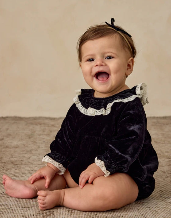 one piece velour lace trim romper - black