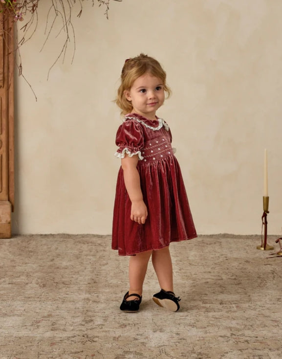 dress velour embroidered with lace trim collar - ruby