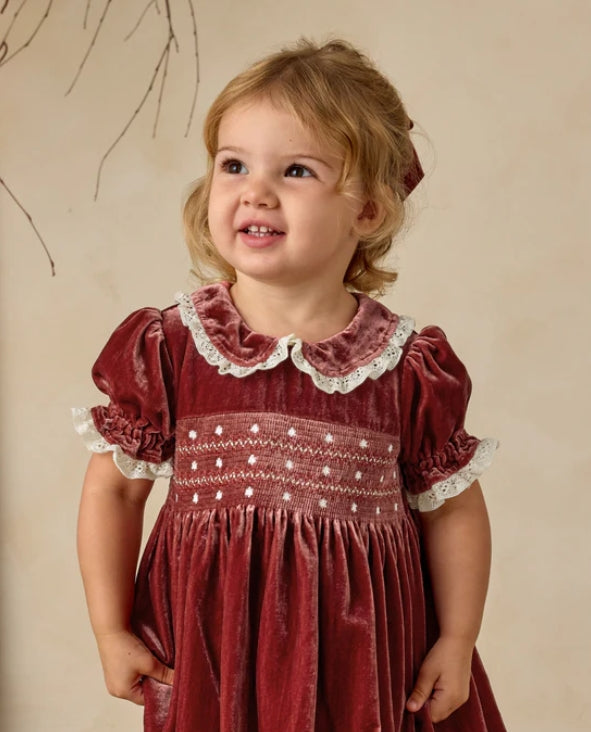 dress velour embroidered with lace trim collar - ruby