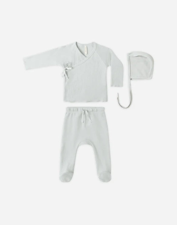 set knit waffle wrap top and footie pants with bonnet - blue