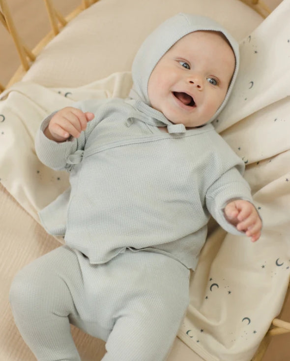 set knit waffle wrap top and footie pants with bonnet - blue