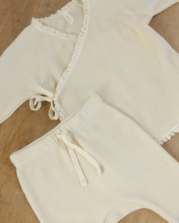 set knit waffle lace wrap top and footie pants with bonnet - natural