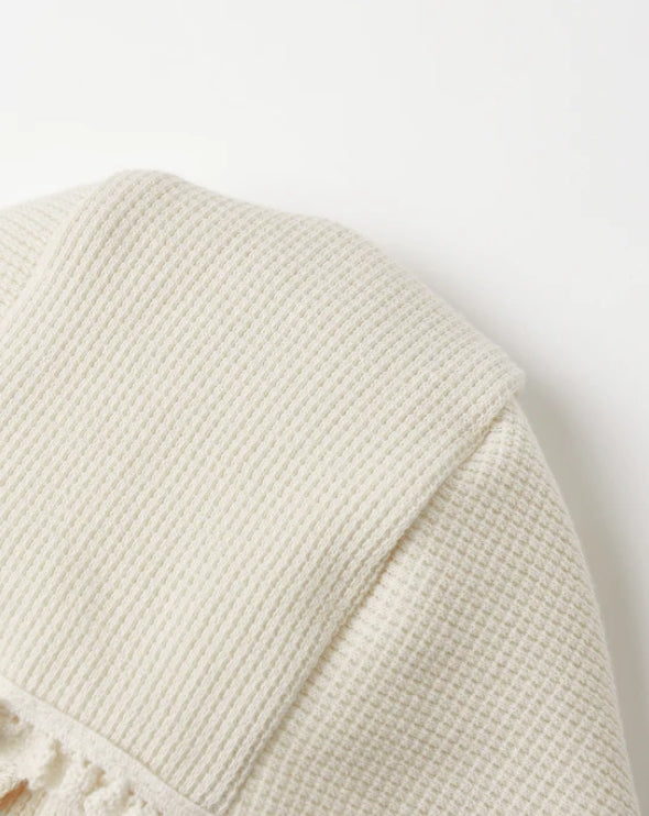 set knit waffle lace wrap top and footie pants with bonnet - natural