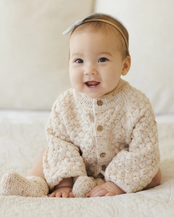 set outfit speckled knit cardigan and bloomer with bonnet - natural