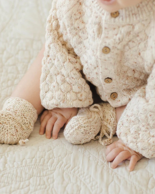 set outfit speckled knit cardigan and bloomer with bonnet - natural