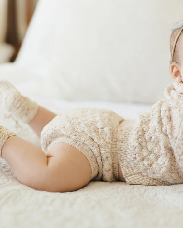 set outfit speckled knit cardigan and bloomer with bonnet - natural