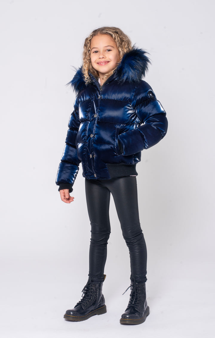 coat puffer shiny with fur - navy shine