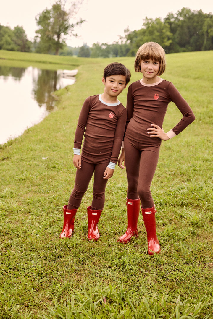 pajamas contrast trim logo top and pants - brown/pink