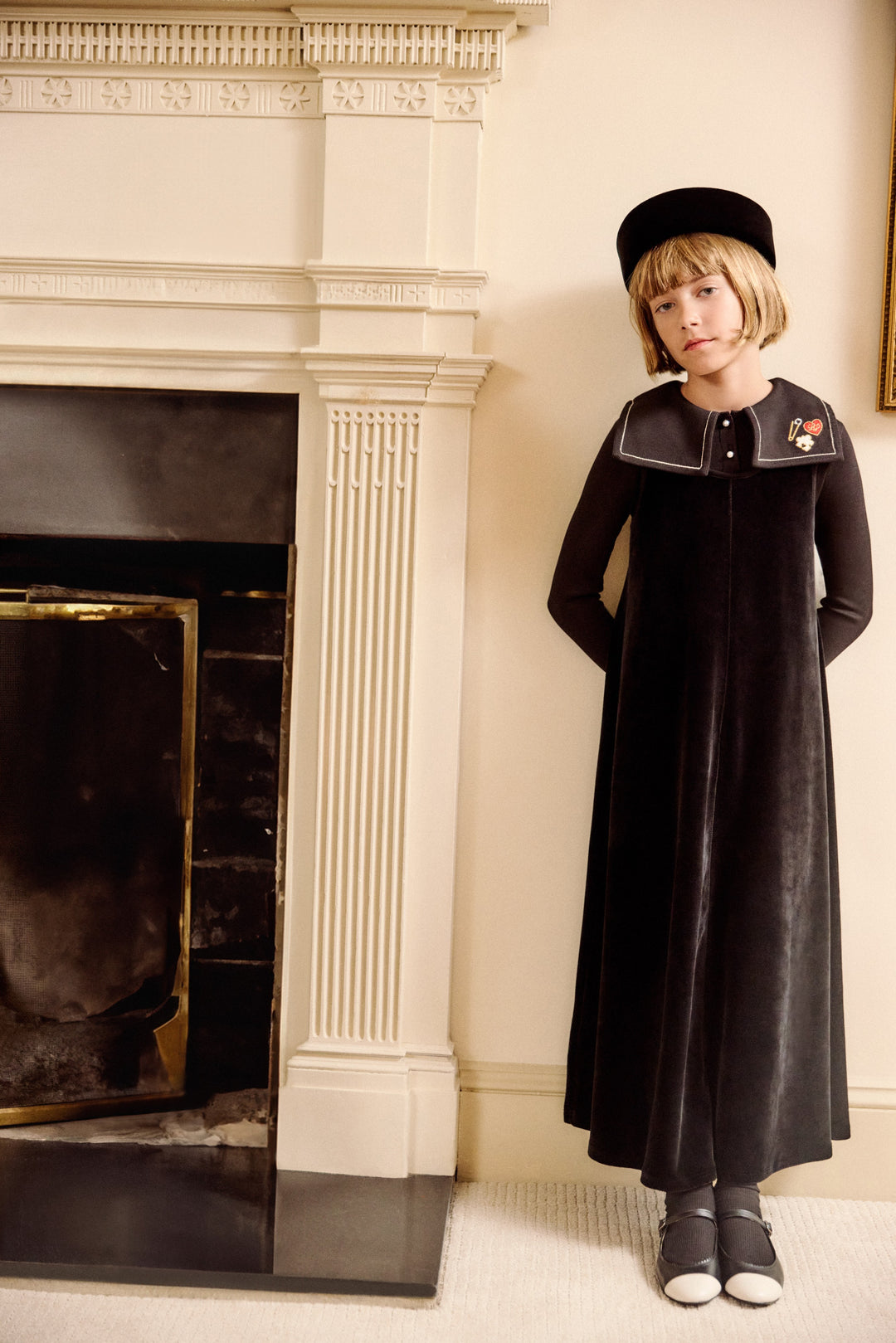 maxi dress velour embroidered bib turtleneck - black